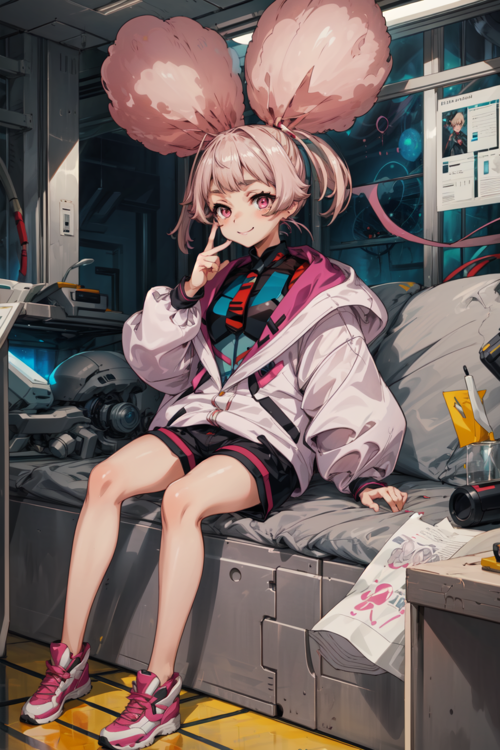 00592-2344273109-masterpiece,best quality,1girl,chuatury panlunch,full body,chuchu jacket,puffy long sleeves,shorts,smile,sitting,indoors,science.png